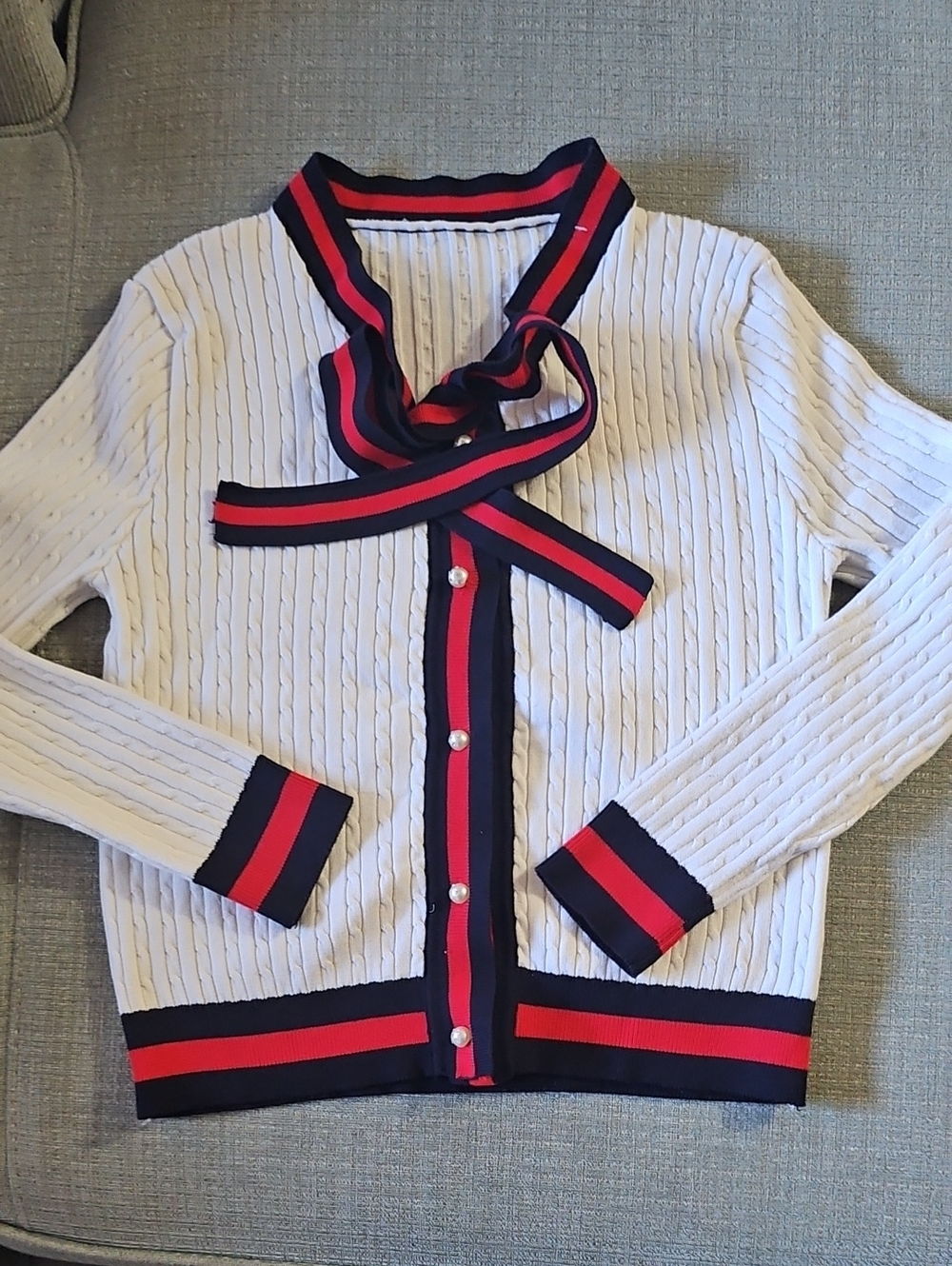 White Cable-Knit Cardigan with Navy & Red Trim